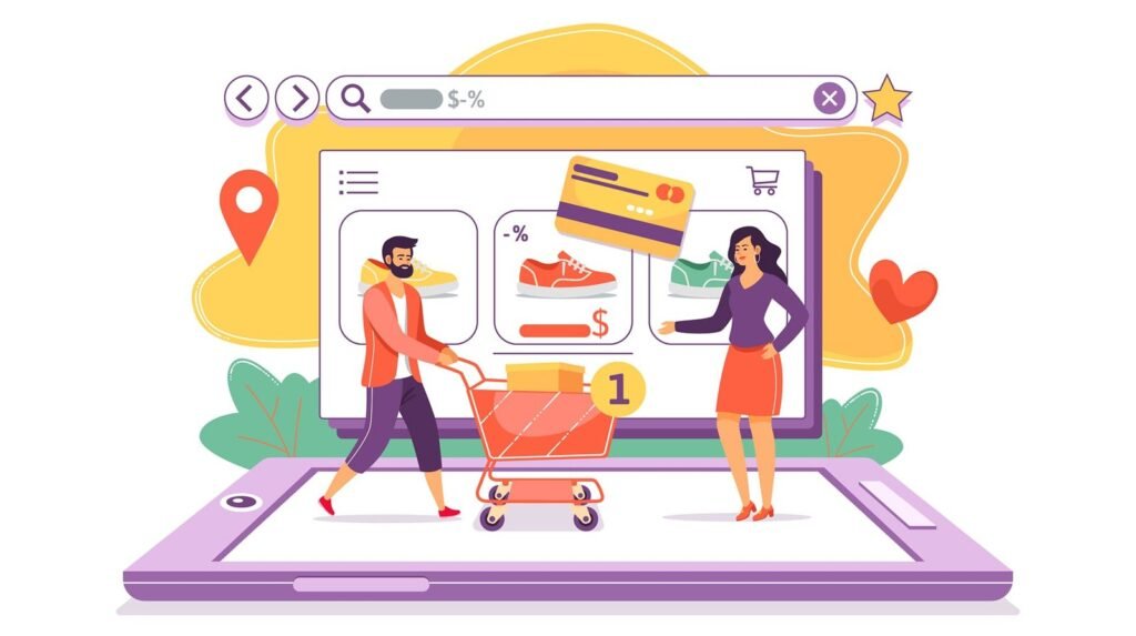 Ilustração de um casal fazendo compras online com um carrinho de compras e itens digitais em uma tela de smartphone.