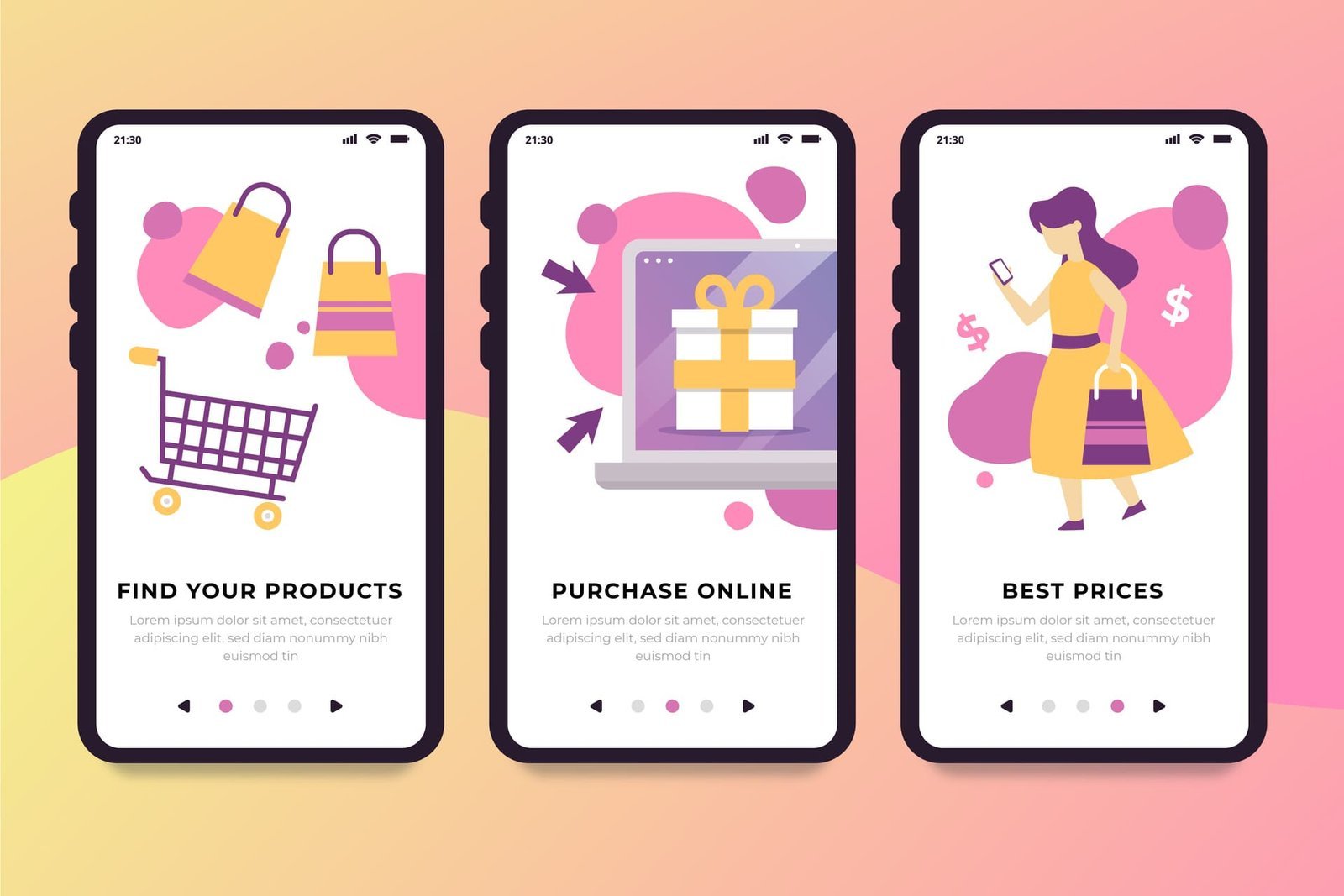 Ilustração representando a migração de negócios para o ambiente digital, com smartphones mostrando compras online, carrinho de compras e consumidor usando celular.