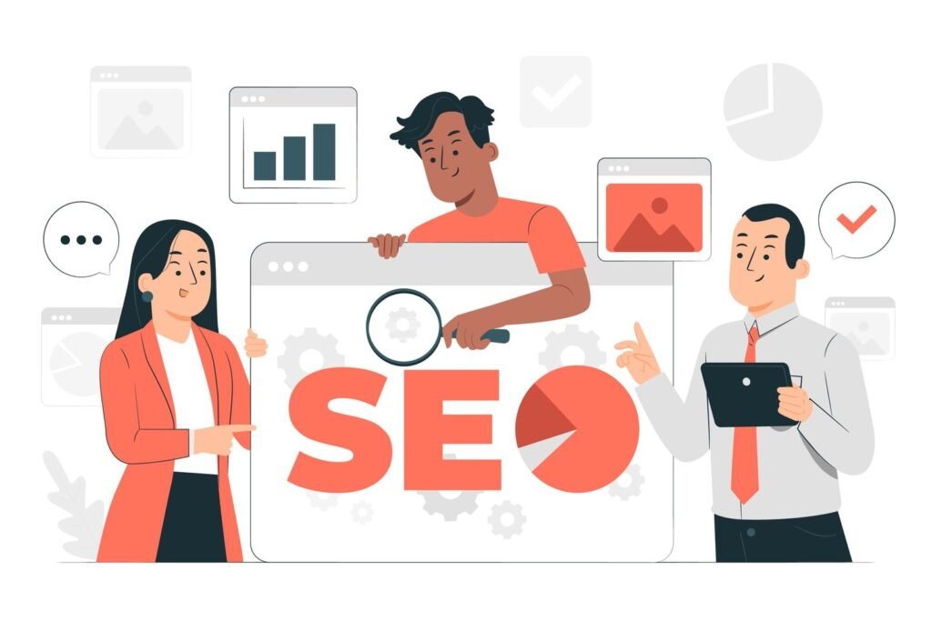 Ilustração de profissionais analisando SEO e estratégias para otimização de sites. Conceito de melhoria na relevância de buscas orgânicas.