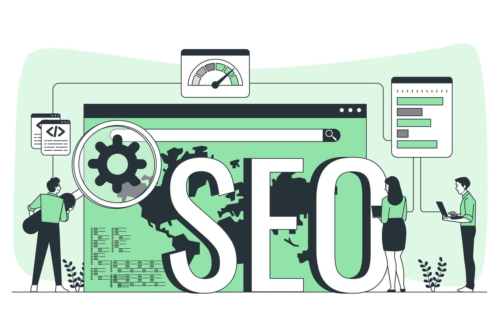 Ilustração representando estratégias de SEO com gráficos, engrenagens e ferramentas digitais, simbolizando otimização de sites e e-commerces para motores de busca.
