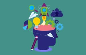 Ilustração criativa representando a integração entre branding e marketing com ícones de engrenagens, foguete, lâmpada e gráficos, simbolizando inovação, estratégia e identidade de marca – Agência Mais Resultado.