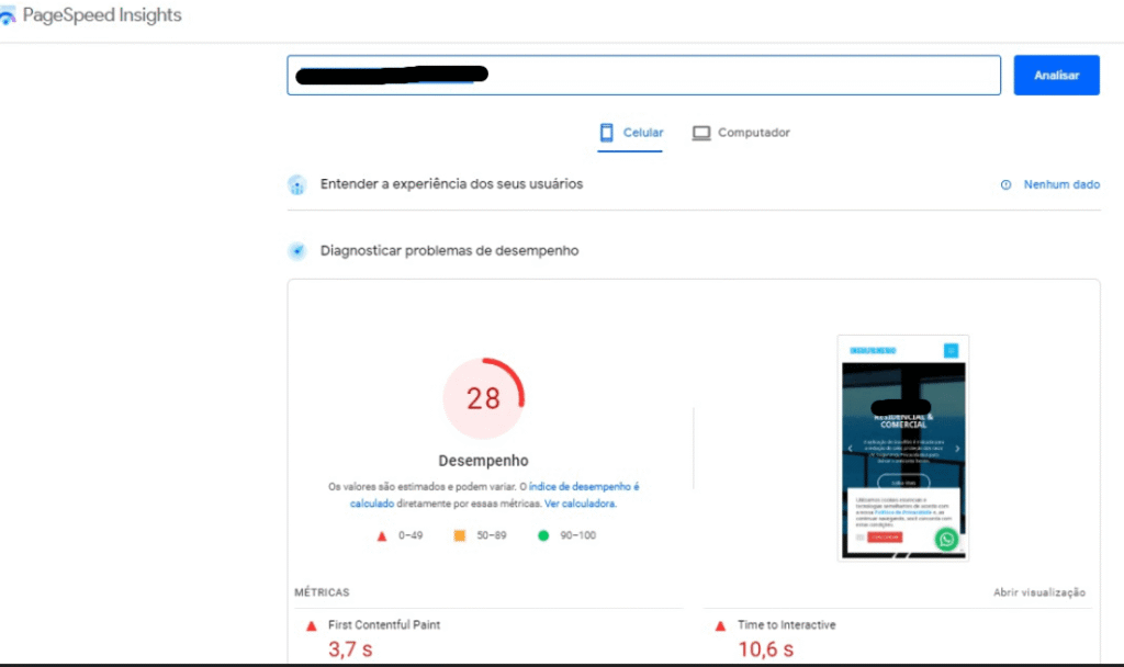 Métricas do site antes do projeto