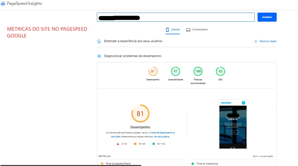 Métricas do site depois do projeto