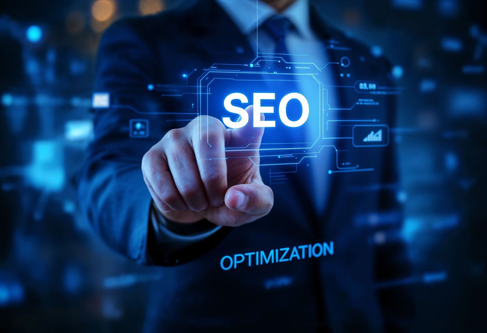 Mão de empresário tocando holograma digital com a palavra SEO, representando otimização para motores de busca.