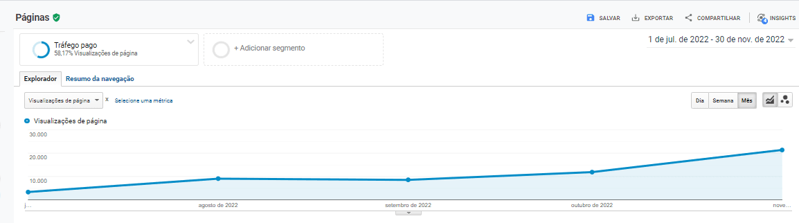 Gráfico de evolução das visualizações das páginas