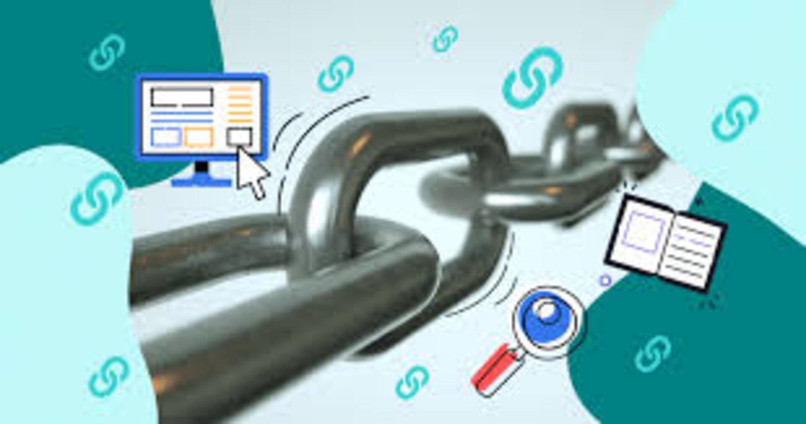 Ilustração de uma corrente metálica representando conexões de backlinks, com ícones de pesquisa, páginas e cliques, simbolizando estratégias de Link Building e autoridade no Google com a Agência Mais Resultado.