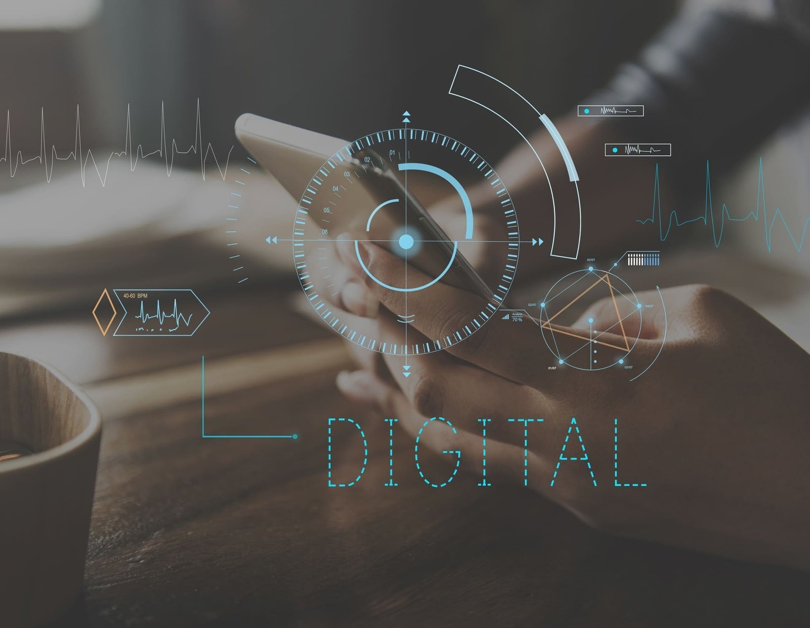Representação de tendências digitais com gráficos futuristas e mão usando smartphone, simbolizando o marketing digital em 2025.