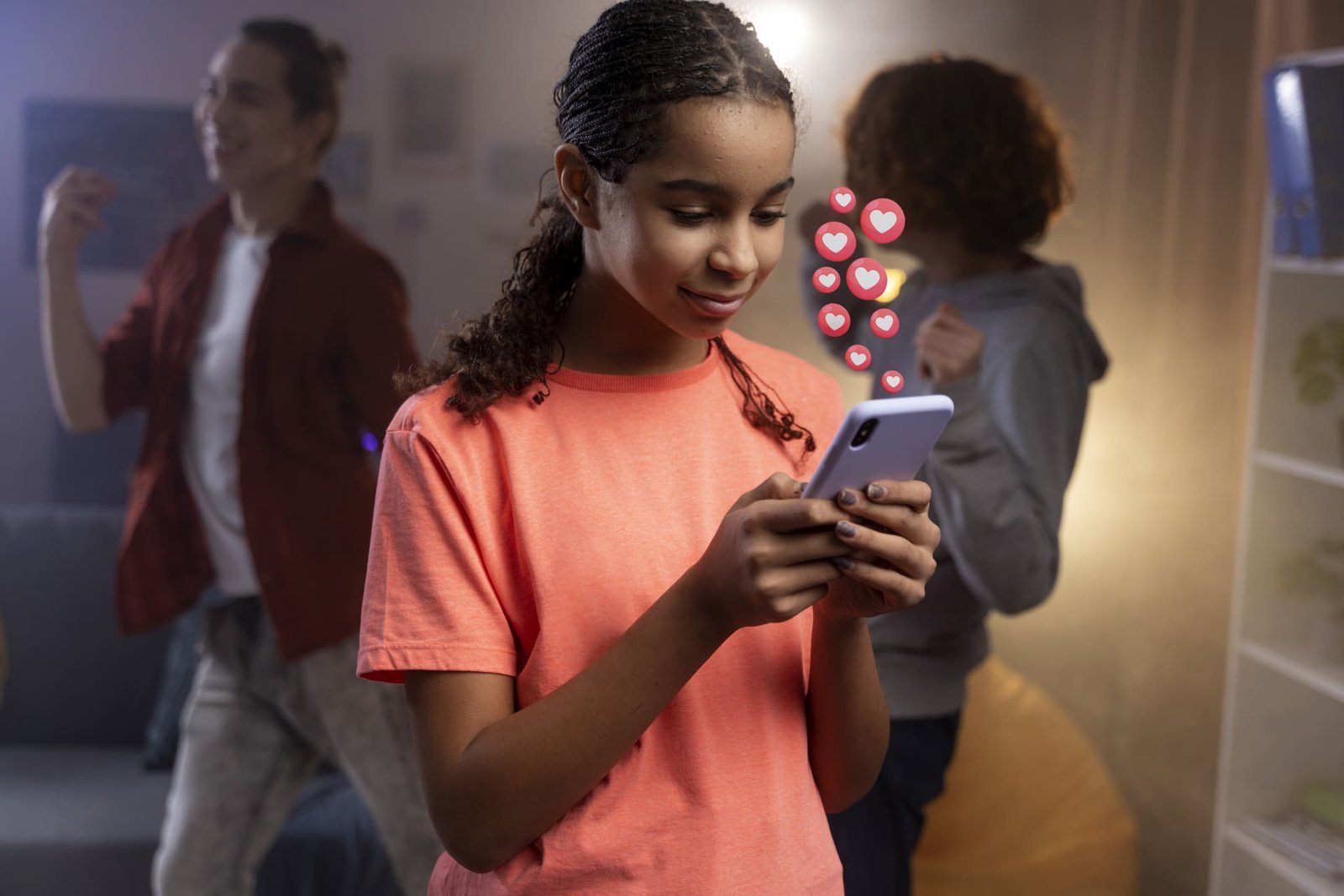 Jovem da Geração Z sorrindo enquanto usa o celular, com ícones de curtidas flutuando, representando engajamento digital e redes sociais.