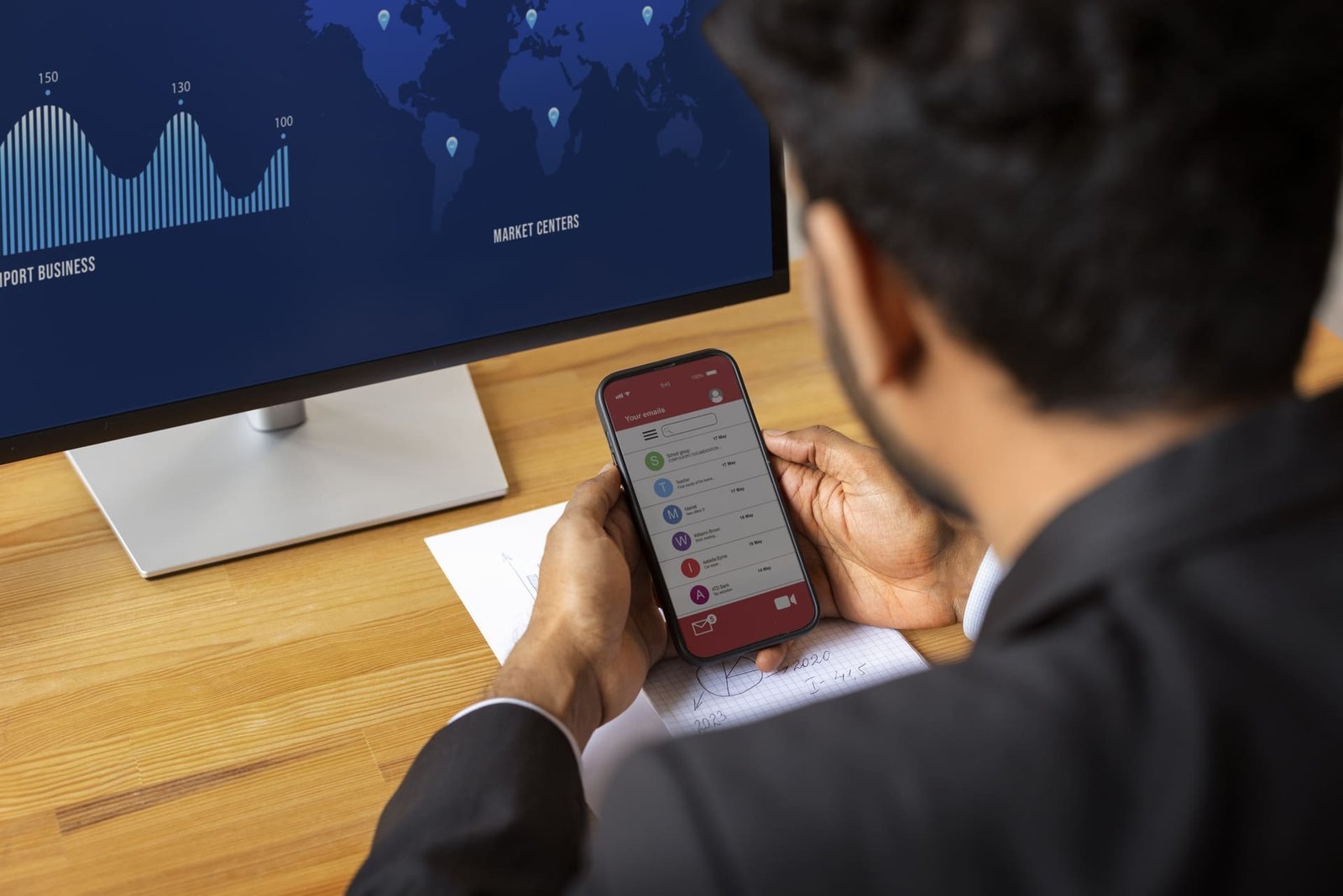 Homem usando smartphone para verificar e-mails enquanto analisa gráficos financeiros em um monitor, representando estratégias digitais e gestão de redes sociais.