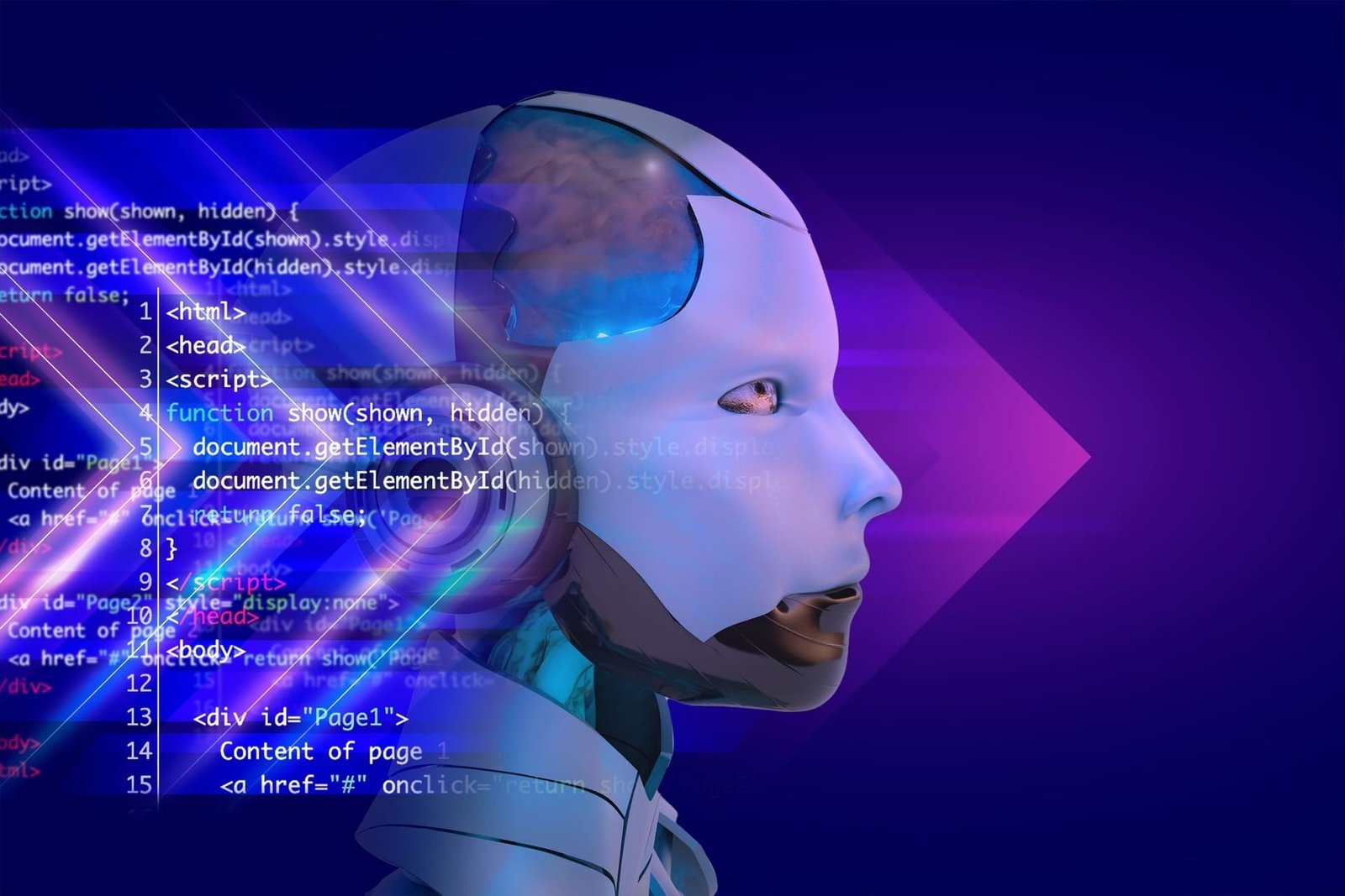 Ilustração de inteligência artificial com códigos de programação, representando o conceito de Answer Engine Optimization (AEO) e sua relação com o futuro do SEO.