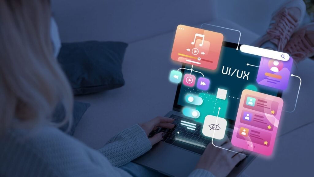 Representação de interface de usuário (UI) e experiência do usuário (UX) em um laptop, destacando elementos digitais como navegação, design e funcionalidade para sites e e-commerces.
