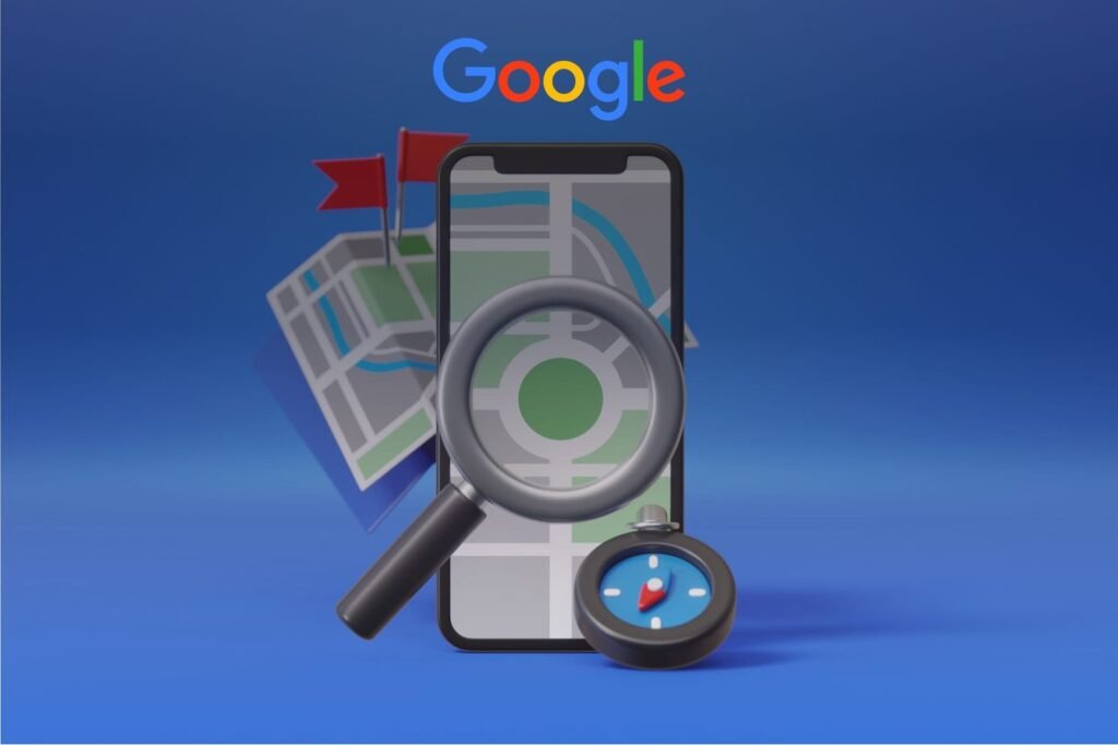 Ilustração representando buscas locais no Google, com um smartphone exibindo um mapa, uma lupa e uma bússola em destaque.
