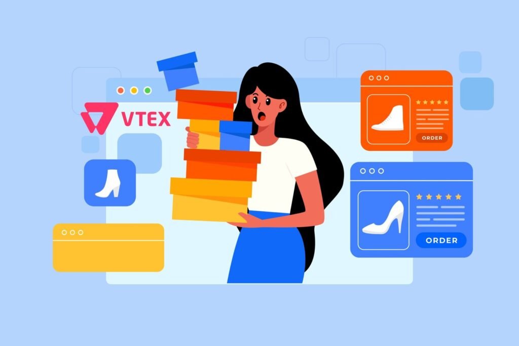 Ilustração de e-commerce com VTEX IO, representando personalização e flexibilidade na experiência de compra online.
