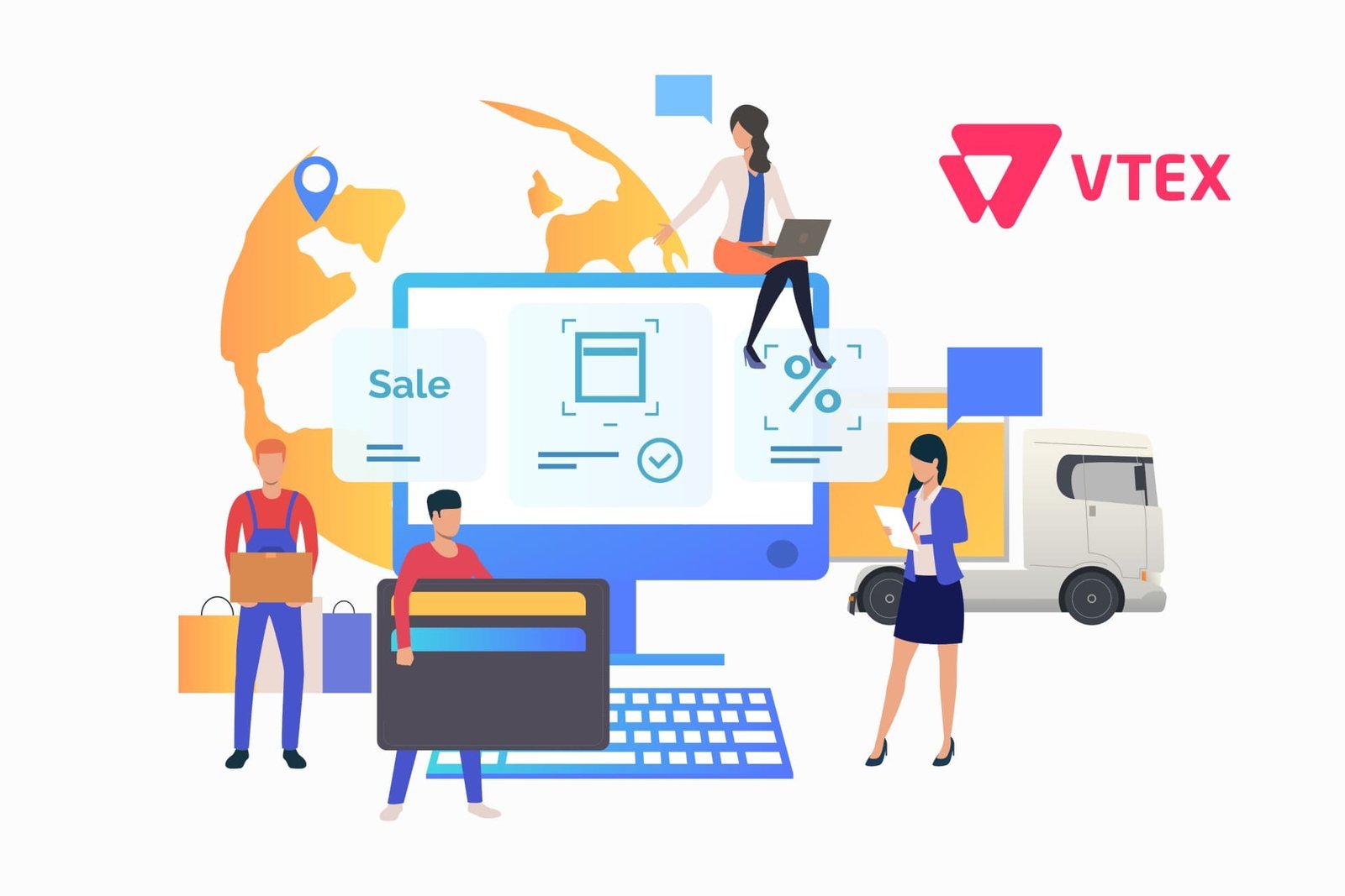 Ilustração representando o ecossistema do e-commerce VTEX, com logística, pagamentos e personalização de vendas para grandes empresas de varejo.