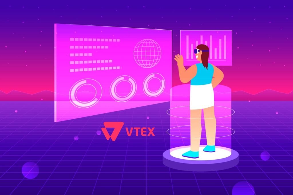 Mulher interagindo com painéis digitais futuristas em ambiente virtual, representando inovação no e-commerce com VTEX IO.